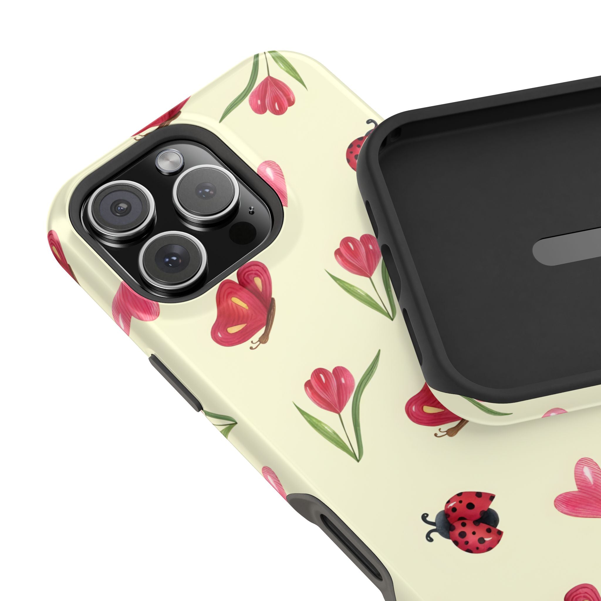 Floral Ladybug Phone Case - Tough Protection, Cute Design, Gift for Her, Trendy Smartphone Accessory, Spring Decor