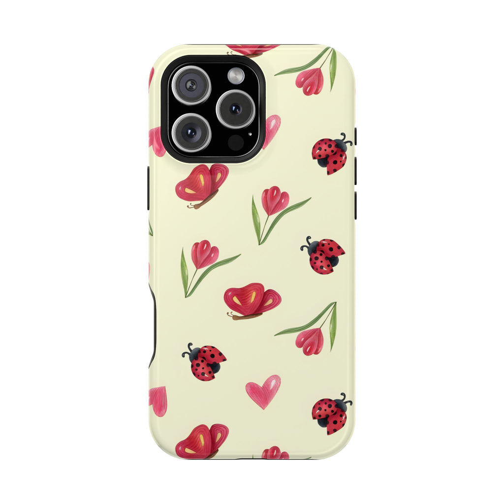 Floral Ladybug Phone Case - Tough Protection, Cute Design, Gift for Her, Trendy Smartphone Accessory, Spring Decor