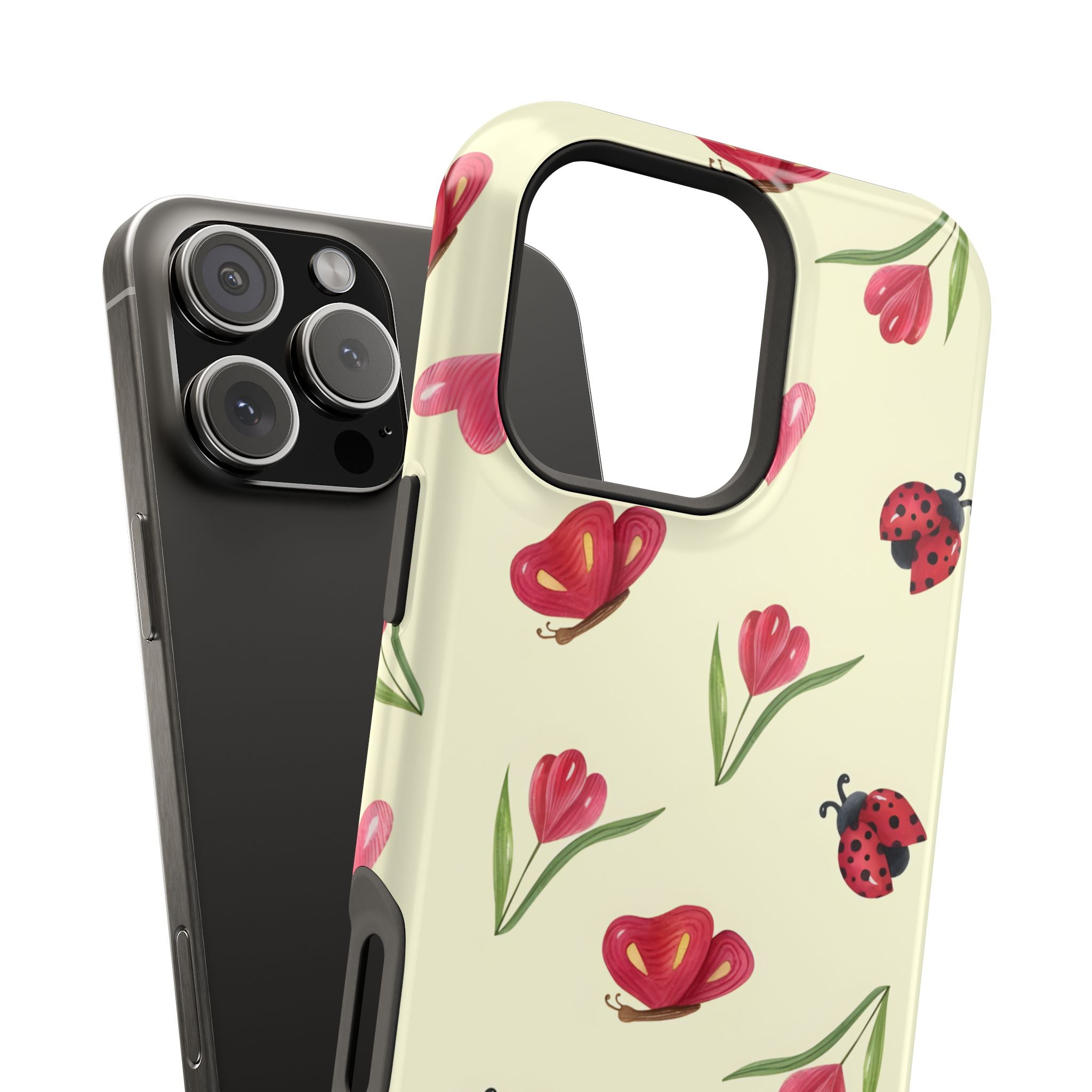 Floral Ladybug Phone Case - Tough Protection, Cute Design, Gift for Her, Trendy Smartphone Accessory, Spring Decor