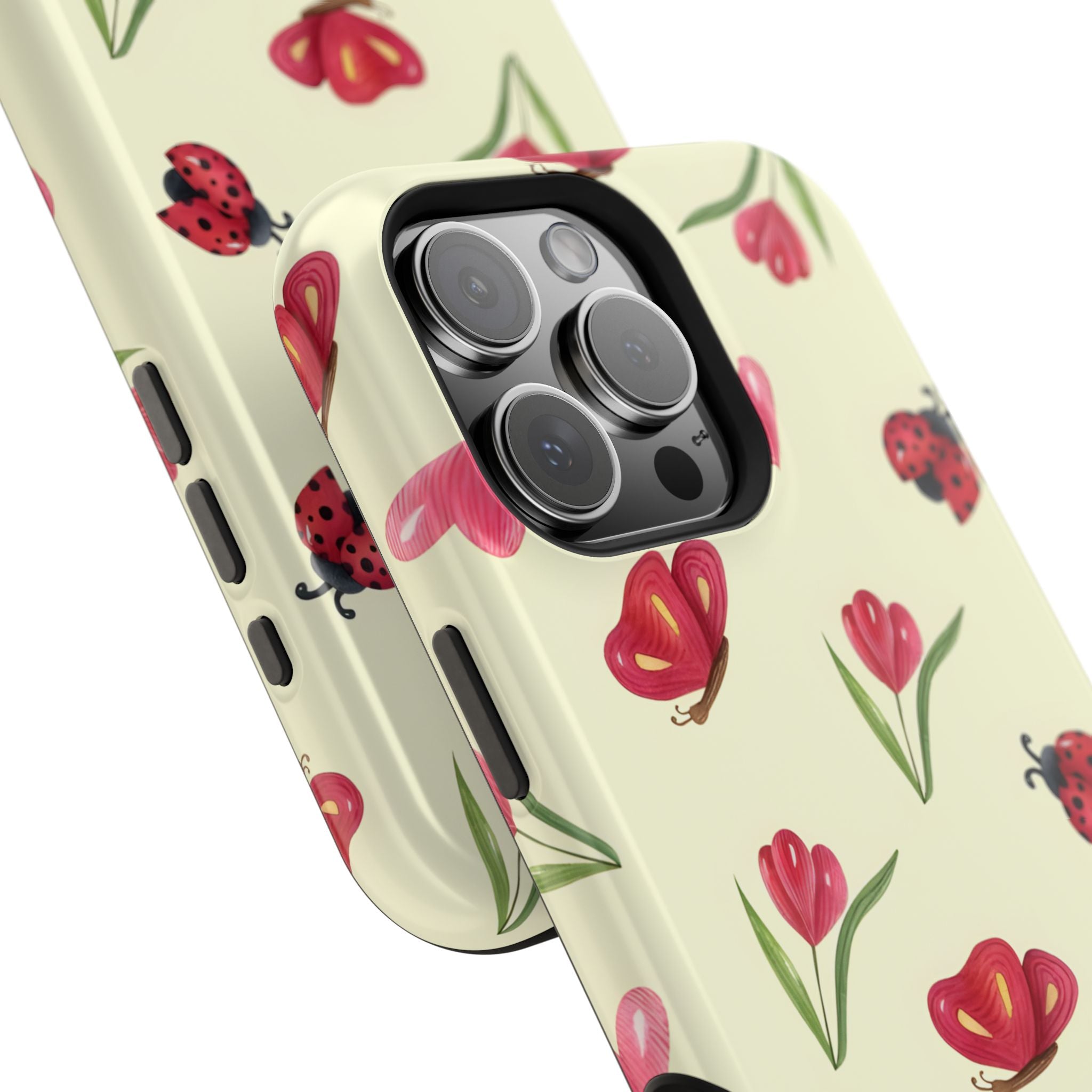 Floral Ladybug Phone Case - Tough Protection, Cute Design, Gift for Her, Trendy Smartphone Accessory, Spring Decor