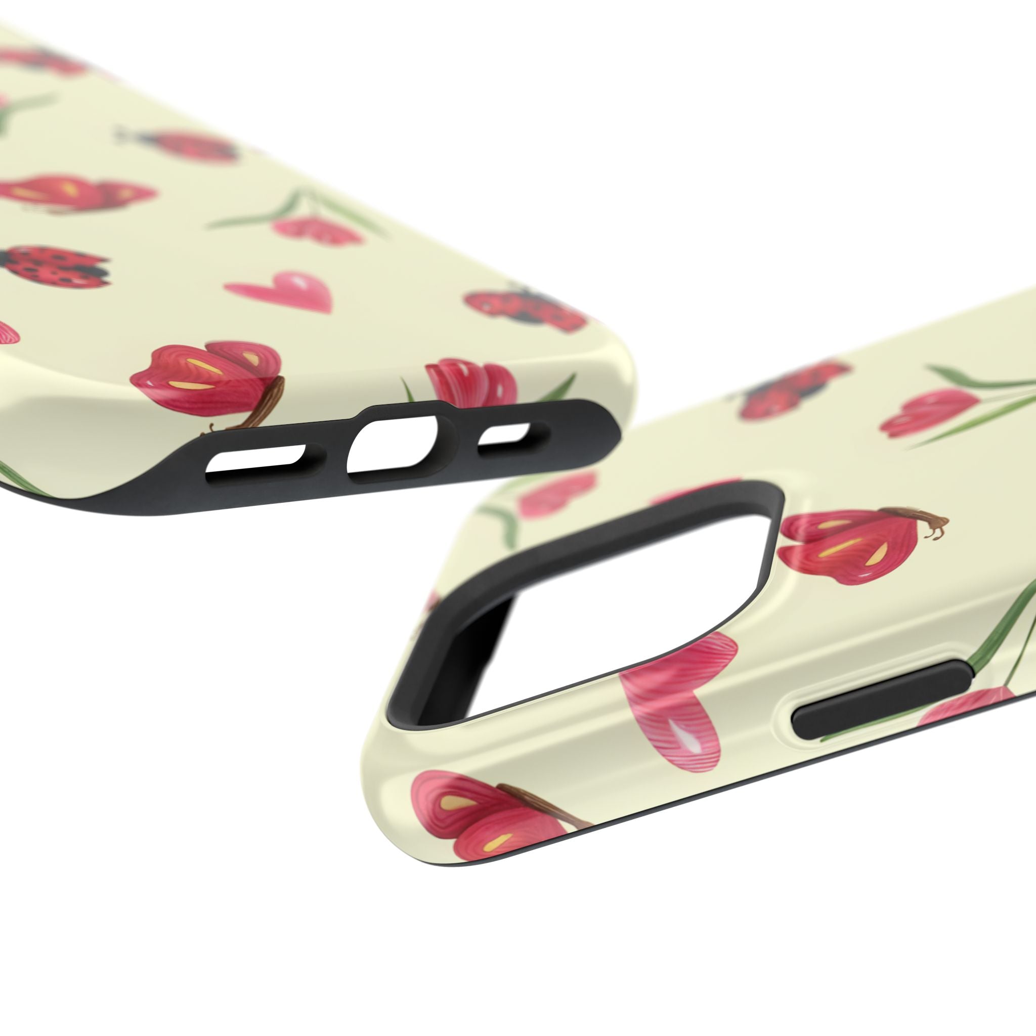 Floral Ladybug Phone Case - Tough Protection, Cute Design, Gift for Her, Trendy Smartphone Accessory, Spring Decor