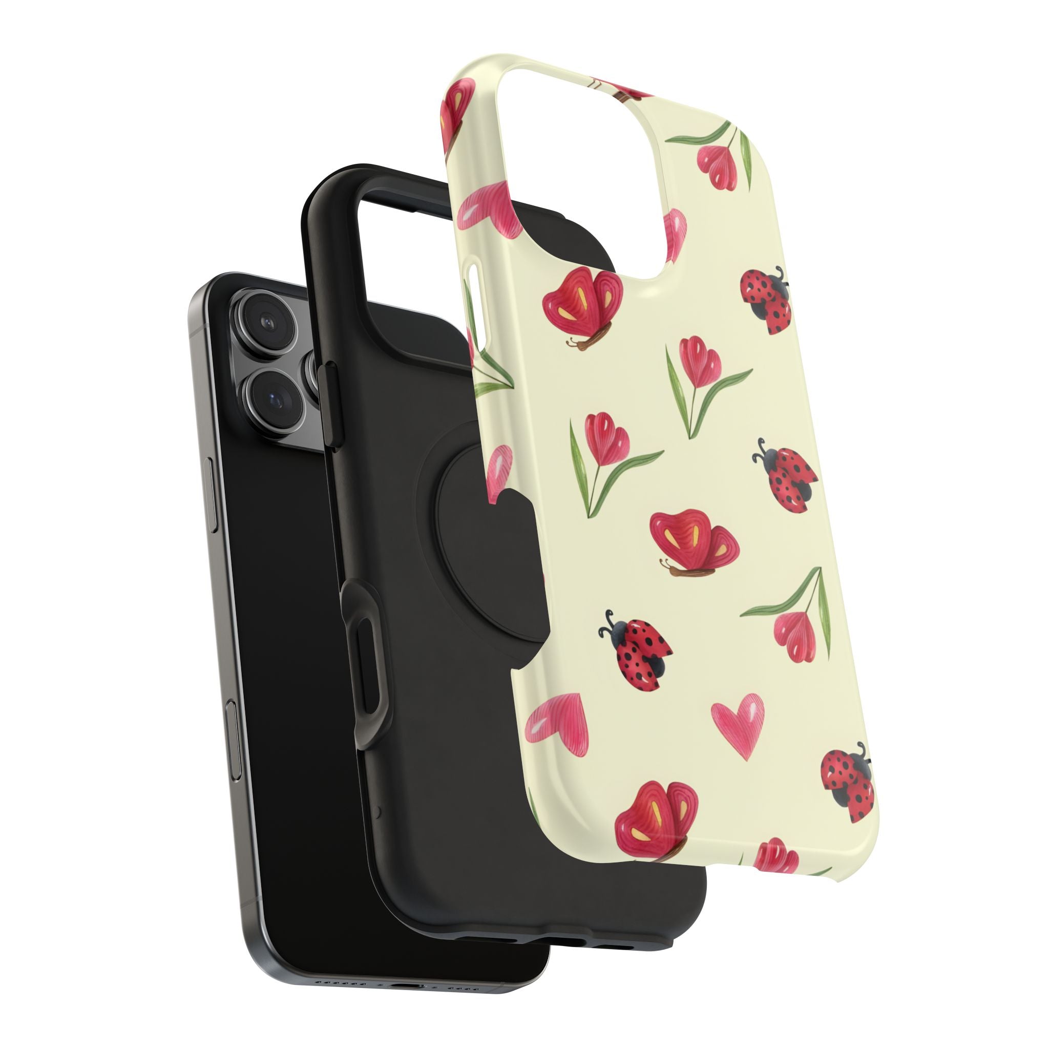 Floral Ladybug Phone Case - Tough Protection, Cute Design, Gift for Her, Trendy Smartphone Accessory, Spring Decor